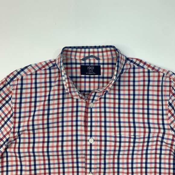 1901 Shirt Mens L Large Trim Fit Multi Red Blue Cotton Checkered Button Down - Picture 4 of 11